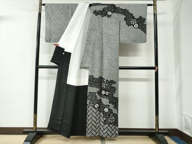 平和屋着物●訪問着　総絞り　流水檜垣草花文　黒地　正絹　逸品　CABC6712yc