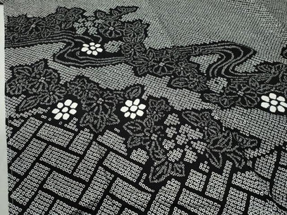 平和屋着物●訪問着　総絞り　流水檜垣草花文　黒地　正絹　逸品　CABC6712yc