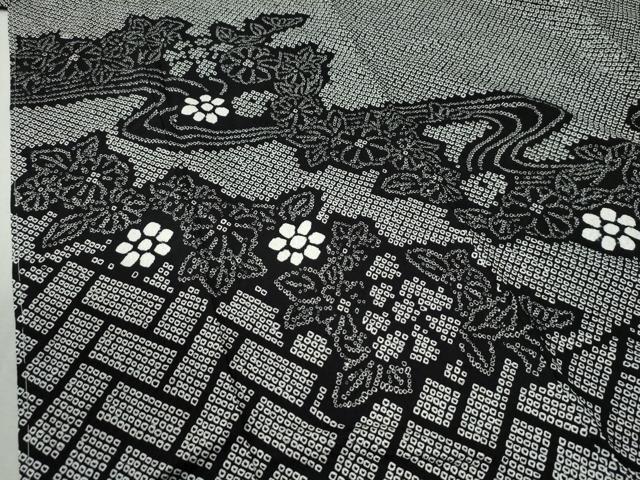 平和屋着物●訪問着　総絞り　流水檜垣草花文　黒地　正絹　逸品　CABC6712yc