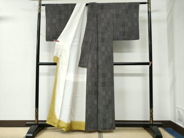 平和屋着物●伝統工芸士　坂尻耕人　江戸小紋　縞　寄せ小紋柄　黒地　正絹　逸品　CABC6715yc