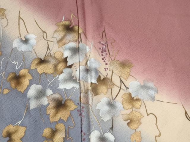 平和屋着物●染色作家　草野一騎　訪問着　葡萄蔦の葉文　暈し染め　金彩　正絹　逸品　CABC6717yc