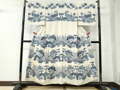平和屋着物●訪問着　型染め　流水花鳥文　正絹　逸品　CABC6722yc