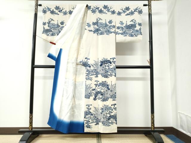 平和屋着物●訪問着　型染め　流水花鳥文　正絹　逸品　CABC6722yc