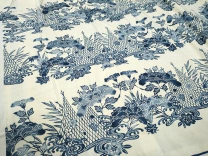平和屋着物●訪問着　型染め　流水花鳥文　正絹　逸品　CABC6722yc