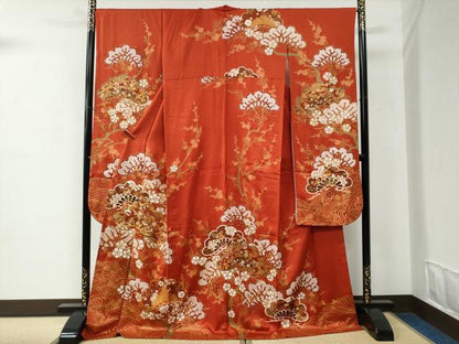 平和屋着物●豪華振袖　駒刺繍　浜松飛鶴吉祥梅文　金彩　正絹　逸品　CABC6729yc