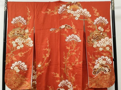 平和屋着物●豪華振袖　駒刺繍　浜松飛鶴吉祥梅文　金彩　正絹　逸品　CABC6729yc