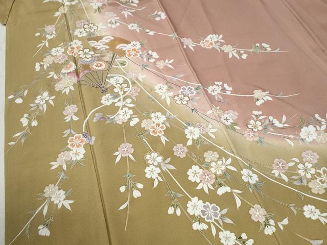 平和屋着物●訪問着　扇面吉祥枝桜文　暈し染め　金彩　正絹　逸品　CABC6745yc