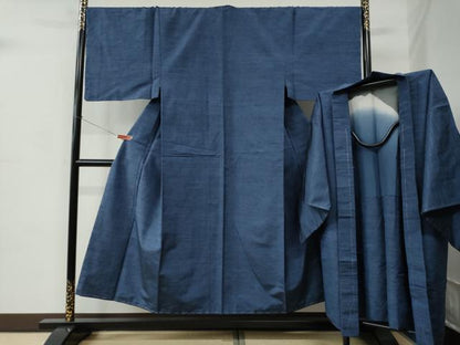 平和屋着物●男性　紬　アンサンブル　色無地　紺藍色　正絹　逸品　未使用　CABC6746yc