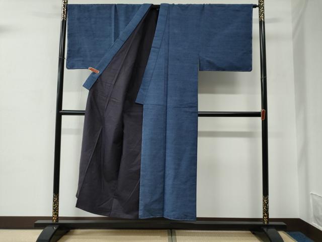 平和屋着物●男性　紬　アンサンブル　色無地　紺藍色　正絹　逸品　未使用　CABC6746yc