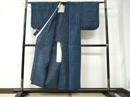 平和屋着物●久留米絣　単衣　格子柄　綿　逸品　CABC6757yc