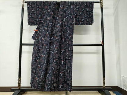 平和屋着物●久留米絣　単衣　色紙吉祥花唐草文　綿　逸品　未使用　CABC6759yc