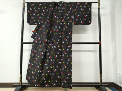 平和屋着物●久留米絣　単衣　草花文　綿　逸品　CABC6762yc