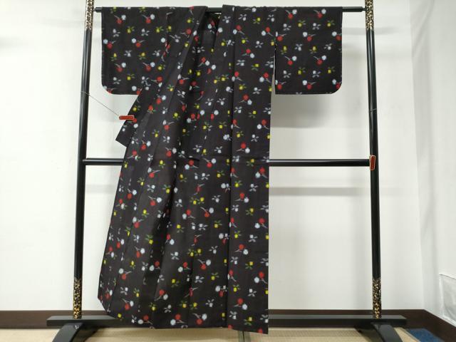 平和屋着物●久留米絣　単衣　草花文　綿　逸品　CABC6762yc