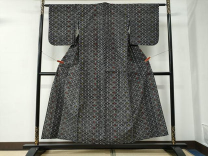 平和屋着物●久留米絣　単衣　麻の葉文様　綿　逸品　CABC6764yc