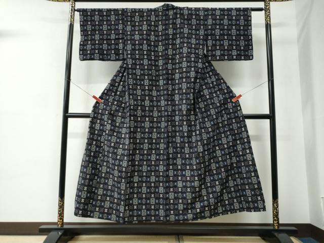 平和屋着物●久留米絣　単衣　色紙花文　綿　逸品　CABC6765yc
