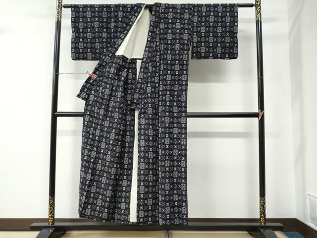 平和屋着物●久留米絣　単衣　色紙花文　綿　逸品　CABC6765yc