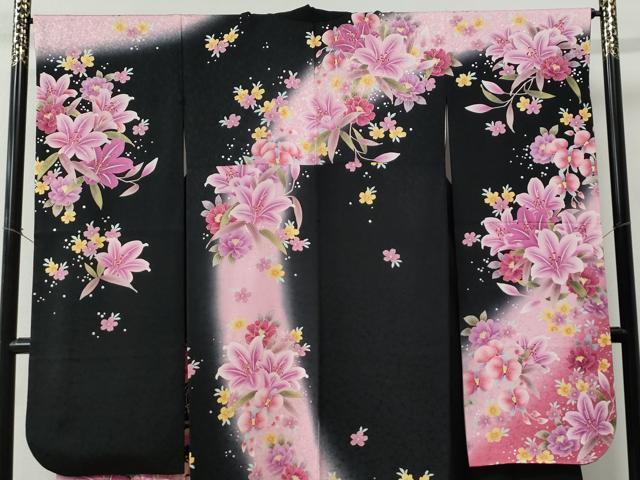 平和屋着物●豪華振袖　刺繍　牡丹花文　ラメ糸　黒地　銀彩　正絹　逸品　CABC6766yc