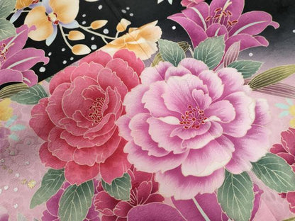 平和屋着物●豪華振袖　刺繍　牡丹花文　ラメ糸　黒地　銀彩　正絹　逸品　CABC6766yc
