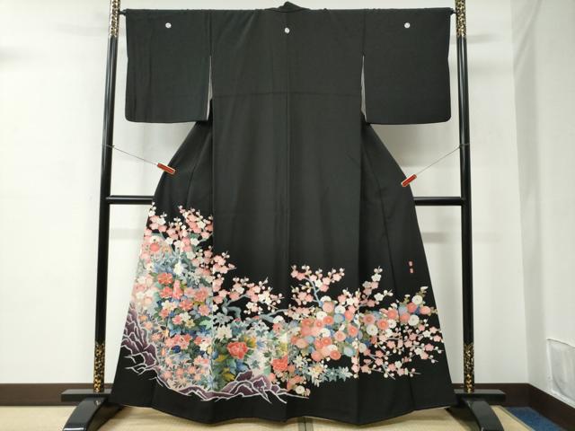 平和屋着物●豪華黒留袖　友禅　作家物　牡丹花文　正絹　逸品　CABC6771yc