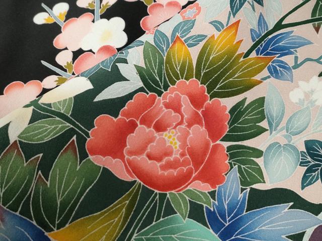 平和屋着物●豪華黒留袖　友禅　作家物　牡丹花文　正絹　逸品　CABC6771yc