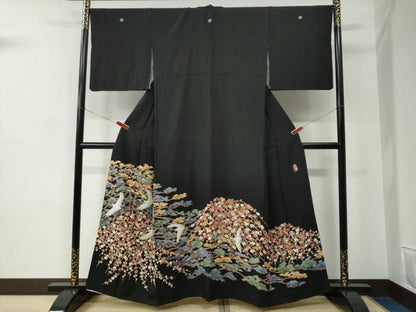 平和屋着物●豪華黒留袖　友禅　作家物　飛鶴松梅文　正絹　逸品　CABC6772yc
