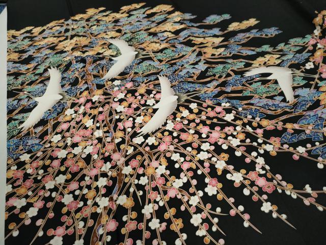 平和屋着物●豪華黒留袖　友禅　作家物　飛鶴松梅文　正絹　逸品　CABC6772yc