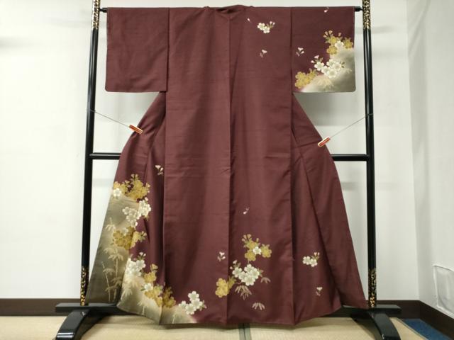 平和屋着物●訪問着　紬地　駒刺繍　笹竹枝桜文　正絹　逸品　未使用　CABC6775yc