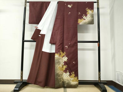 平和屋着物●訪問着　紬地　駒刺繍　笹竹枝桜文　正絹　逸品　未使用　CABC6775yc