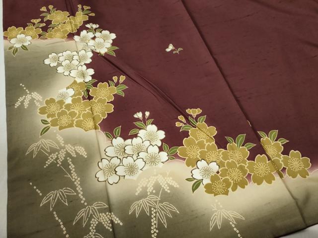 平和屋着物●訪問着　紬地　駒刺繍　笹竹枝桜文　正絹　逸品　未使用　CABC6775yc