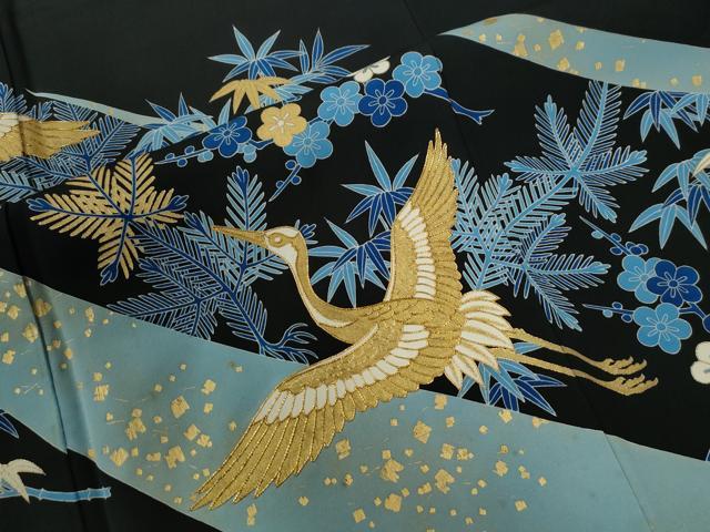 平和屋着物●人間国宝　五代　田畑喜八　黒留袖　駒刺繍　飛鶴松竹梅　金彩　正絹　逸品　CABC6779yc