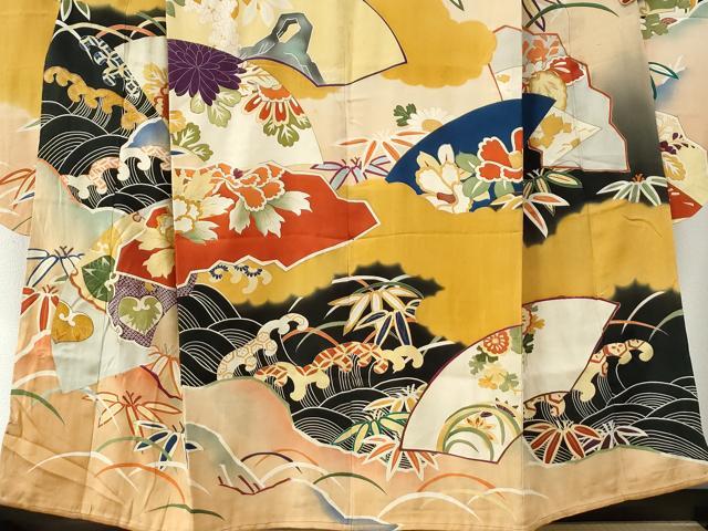 平和屋本店●アンティーク 大正ロマン 振袖 刺繍 立波牡丹葵吉祥花文 暈し染め 黒地 金彩 逸品 CABC6785yc