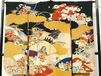 平和屋本店●アンティーク 大正ロマン 振袖 刺繍 立波牡丹葵吉祥花文 暈し染め 黒地 金彩 逸品 CABC6785yc
