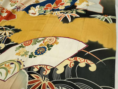平和屋本店●アンティーク 大正ロマン 振袖 刺繍 立波牡丹葵吉祥花文 暈し染め 黒地 金彩 逸品 CABC6785yc