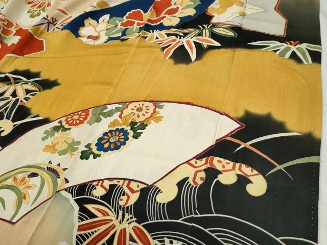 平和屋本店●アンティーク 大正ロマン 振袖 刺繍 立波牡丹葵吉祥花文 暈し染め 黒地 金彩 逸品 CABC6785yc