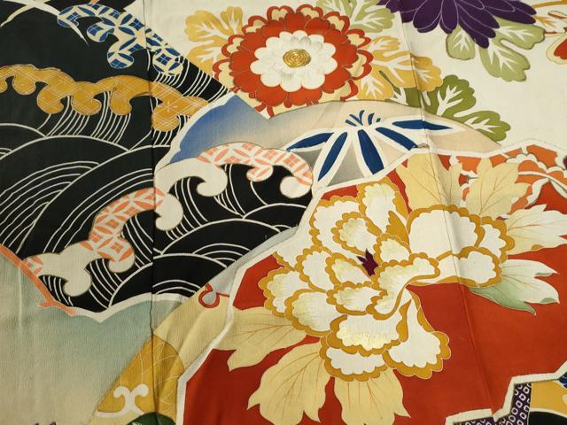 平和屋本店●アンティーク 大正ロマン 振袖 刺繍 立波牡丹葵吉祥花文 暈し染め 黒地 金彩 逸品 CABC6785yc