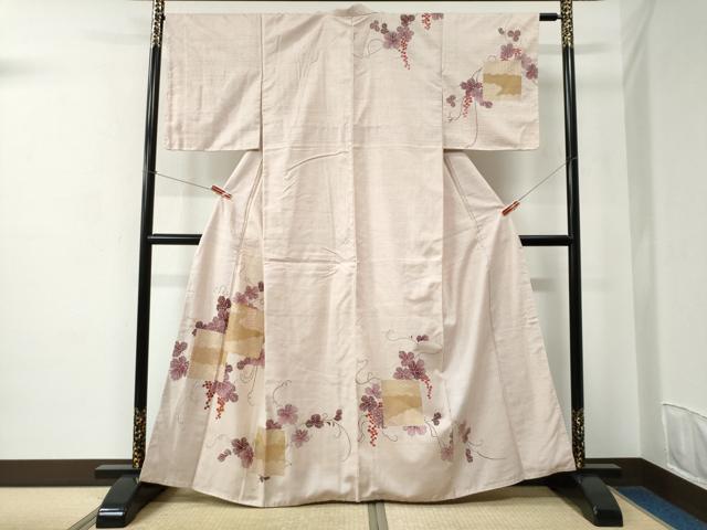 平和屋着物●訪問着　紬地　駒刺繍　色紙吉祥葡萄蔦の葉文　金彩　正絹　逸品　CABC6790yc