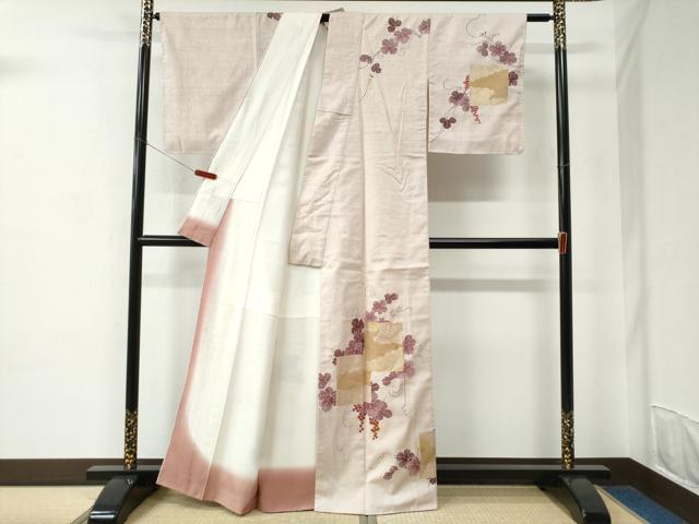 平和屋着物●訪問着　紬地　駒刺繍　色紙吉祥葡萄蔦の葉文　金彩　正絹　逸品　CABC6790yc