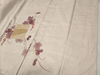 平和屋着物●訪問着　紬地　駒刺繍　色紙吉祥葡萄蔦の葉文　金彩　正絹　逸品　CABC6790yc