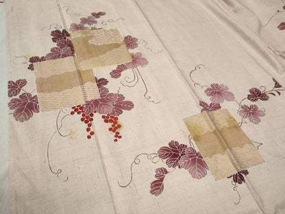 平和屋着物●訪問着　紬地　駒刺繍　色紙吉祥葡萄蔦の葉文　金彩　正絹　逸品　CABC6790yc