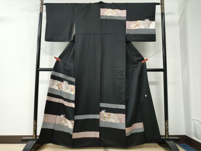 平和屋着物●十日町老舗ブランド　吉澤友禅　吾妻徳穂　訪問着　鳳凰扇面青海波花文　黒地　金彩　正絹　逸品　CABC6803yc