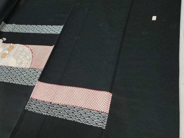 平和屋着物●十日町老舗ブランド　吉澤友禅　吾妻徳穂　訪問着　鳳凰扇面青海波花文　黒地　金彩　正絹　逸品　CABC6803yc