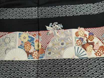 平和屋着物●十日町老舗ブランド　吉澤友禅　吾妻徳穂　訪問着　鳳凰扇面青海波花文　黒地　金彩　正絹　逸品　CABC6803yc