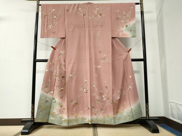 平和屋着物●訪問着　作家物　駒刺繍　枝橘笹花文　暈し染め　金彩　正絹　逸品　CABC6806yc