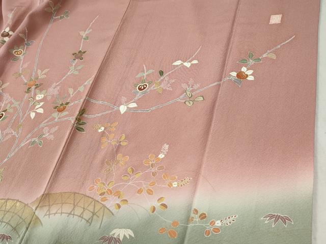 平和屋着物●訪問着　作家物　駒刺繍　枝橘笹花文　暈し染め　金彩　正絹　逸品　CABC6806yc
