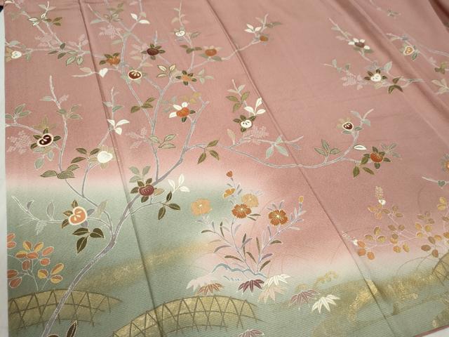 平和屋着物●訪問着　作家物　駒刺繍　枝橘笹花文　暈し染め　金彩　正絹　逸品　CABC6806yc