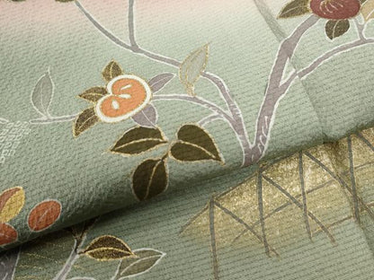 平和屋着物●訪問着　作家物　駒刺繍　枝橘笹花文　暈し染め　金彩　正絹　逸品　CABC6806yc
