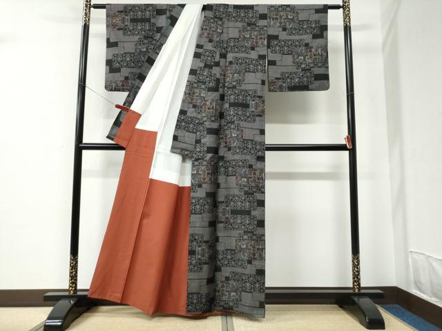平和屋着物●本場大島紬　9マルキ　短冊吉祥花唐草文　正絹　逸品　CABC6809yc