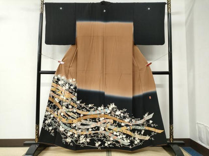 平和屋着物●訪問着　鬘帯枝橘吉祥花文　暈し染め　黒地　金彩　正絹　逸品　CABC6817yc