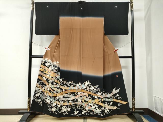 平和屋着物●訪問着　鬘帯枝橘吉祥花文　暈し染め　黒地　金彩　正絹　逸品　CABC6817yc