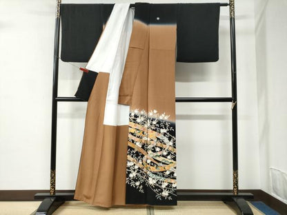 平和屋着物●訪問着　鬘帯枝橘吉祥花文　暈し染め　黒地　金彩　正絹　逸品　CABC6817yc